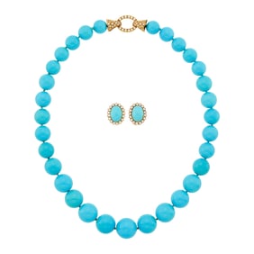 Treated Turquoise Bead Necklace with Gold and Diamond Clasp and Pair of Earrings