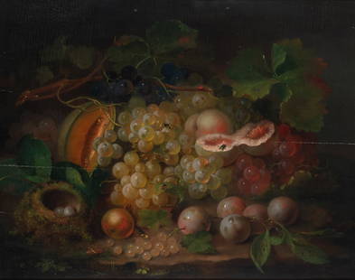 George E. Forster: German/American, 1817-1896Still Life with Fruit and Insects, 1859Signed G. Forster and dated 1859 (lr)Oil on panel 16 1/8 x 20 5/8 inches (41 x 52.4 cm
