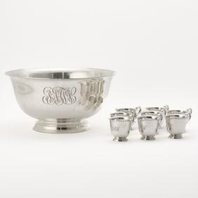 American Sterling Silver Revere Form Punch Bowl and Eight American Sterling Silver Cups