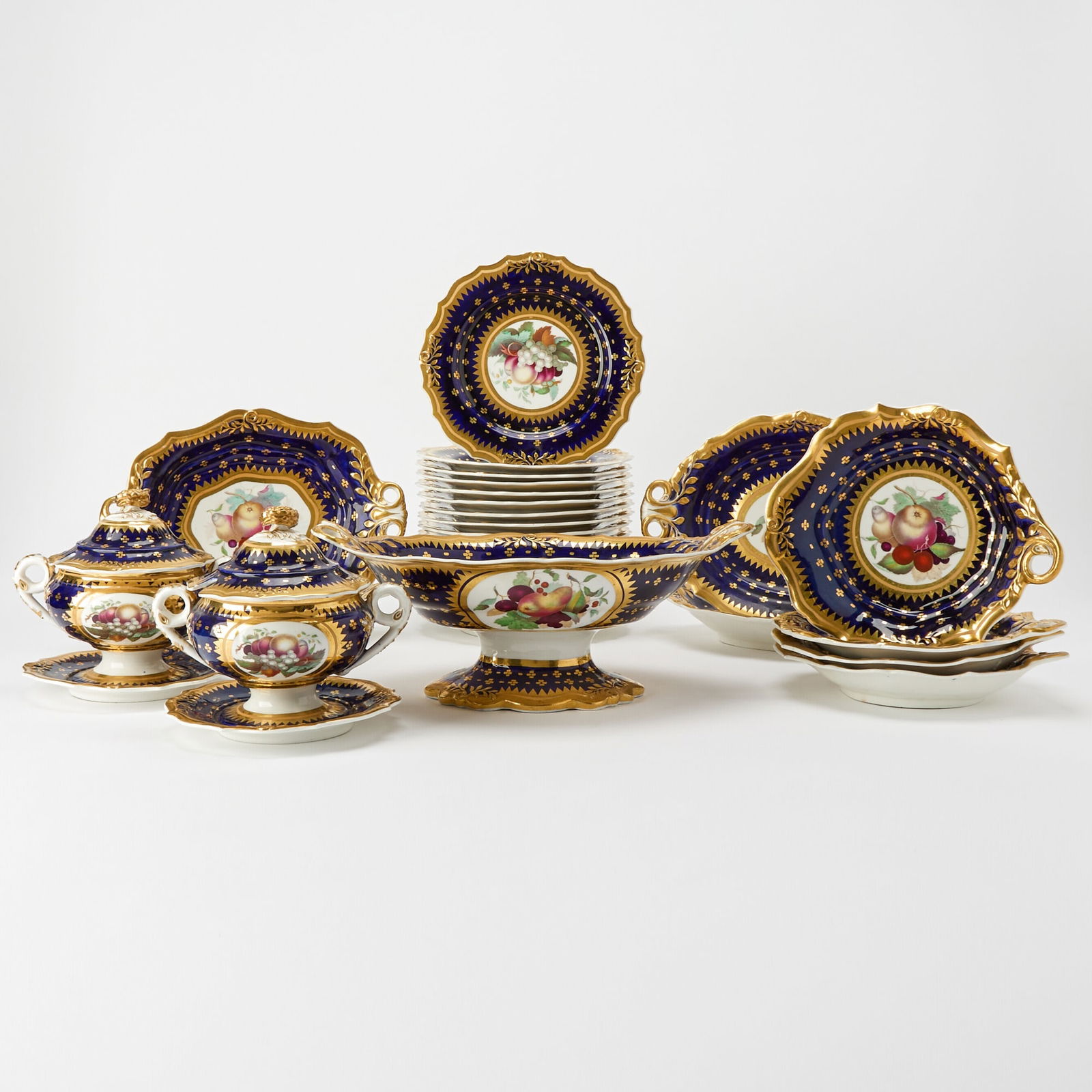 English Gilt and Transfer Decorated Cobalt Ground Porcelain Partial Dessert Service (1 of 8)