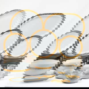 Rosenthal Porcelain Gold Rimmed Dinner Service: Comprising: Two service plates, diameter 10 1/2 inches Twenty-four dinner plates, diameter 10 inches Fourteen salad plates, diameter 8 1/4 inches Fourteen dessert plates, diameter 7 3/4 inches