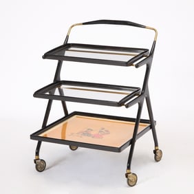 Italian Mid-Century Ebonized, Glass and Brass Bar Cart