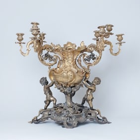 Monumental Louis XV Style Gilt and Patinated Bronze Figural Centerpiece