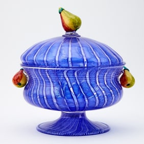 Murano Blown, Applied and Threaded Glass Footed Bowl and Cover