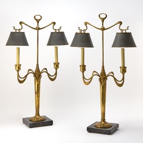 Pair of Art Nouveau Style Brass Two-Light Candelabra Table Lamps