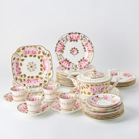 Assembled English Gilt and Hand-Painted 'Pink Roses' Porcelain Partial Dessert Service