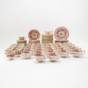 Group of English Porcelain 'Cabbage Rose' Pattern Dessert and Tea Wares