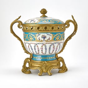 Sèvres Style Gilt-Metal-Mounted Turquoise-Ground Porcelain Two-Handled Footed Potpourri and