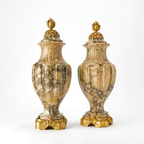 Pair of Louis XVI Style Gilt-Bronze Mounted Marble Garniture Urns With Covers