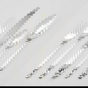 Georg Jensen Sterling Silver 'Acorn' Pattern Partial Flatware Service: Post-1945 Comprising: Twelve dinner forks, length 7 1/2 inches Twelve salad forks, length 6 5/8 inches Twelve dessert spoons, 7 5/8 inches Twelve teaspoons Twelve dinner knives,