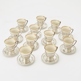 Set of Twelve Alvin Sterling Silver and Lenox Porcleain Demitasse Cups and Saucers