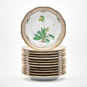 Set of Twelve Royal Copenhagen Porcelain 'Flora Danica' Pattern Pierced Dinner Plates