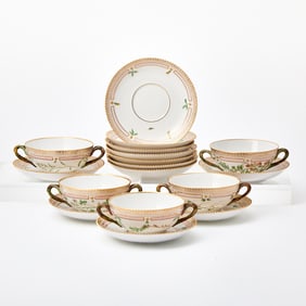 Set of Twelve Royal Copenhagen Porcelain 'Flora Danica' Pattern Cream Soup Bowls and Saucers