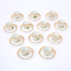 Twelve Sets Royal Copenhagen Porcelain 'Flora Danica' Flat Cups and Saucers
