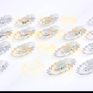 Twelve Sets Royal Copenhagen Porcelain 'Flora Danica' Flat Cups and Saucers: Shape no. 20 3513 (cups) and 20 3513 (saucers), circa 1969-73 Each cup painted with a botanical specimen, signed and titled on the underside, each saucer with a gilt serrated rim. Height of cup inches