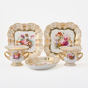 English Gilt and Hand-Painted Porcelain Partial Dinner Service