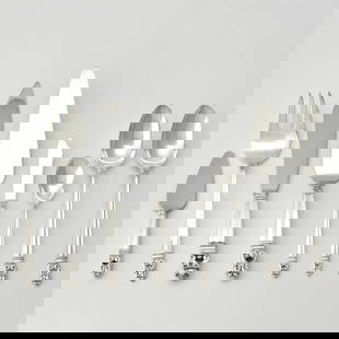 International Silver Co. Sterling Silver 'Royal Danish' Pattern Flatware Service: Comprising: Twelve cocktail forks Twelve dinner forks, length 7 1/8 inches Twelve salad forks, length 6 3/8 inches Twelve round soup spoons Twenty-four teaspoons Twelve dinner knives, lengt