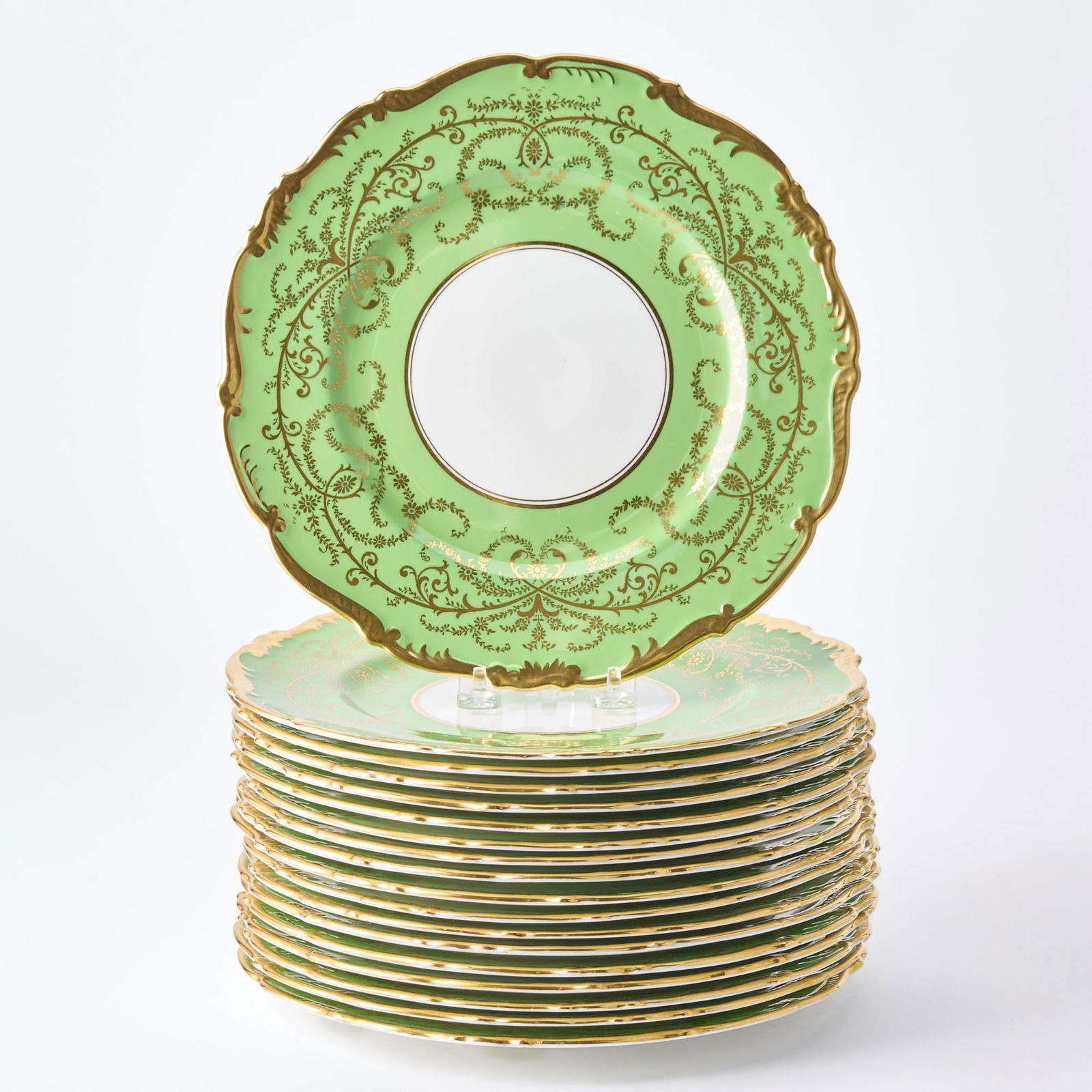 Set of Eighteen Coalport Porcelain 'Anniversary' Pattern Green and Gilt Decorated Service Plates (1 of 2)
