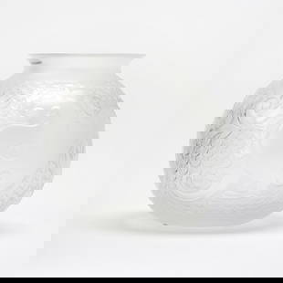Lalique Molded Glass 'Xian Dragon' Pattern Vase: Post-1945 Of globular form with a short everted rim and circular mouth, in colorless glass, decorated in relief with a stylized dragon surrounded by waves, satin finish, engraved Lalique France with t