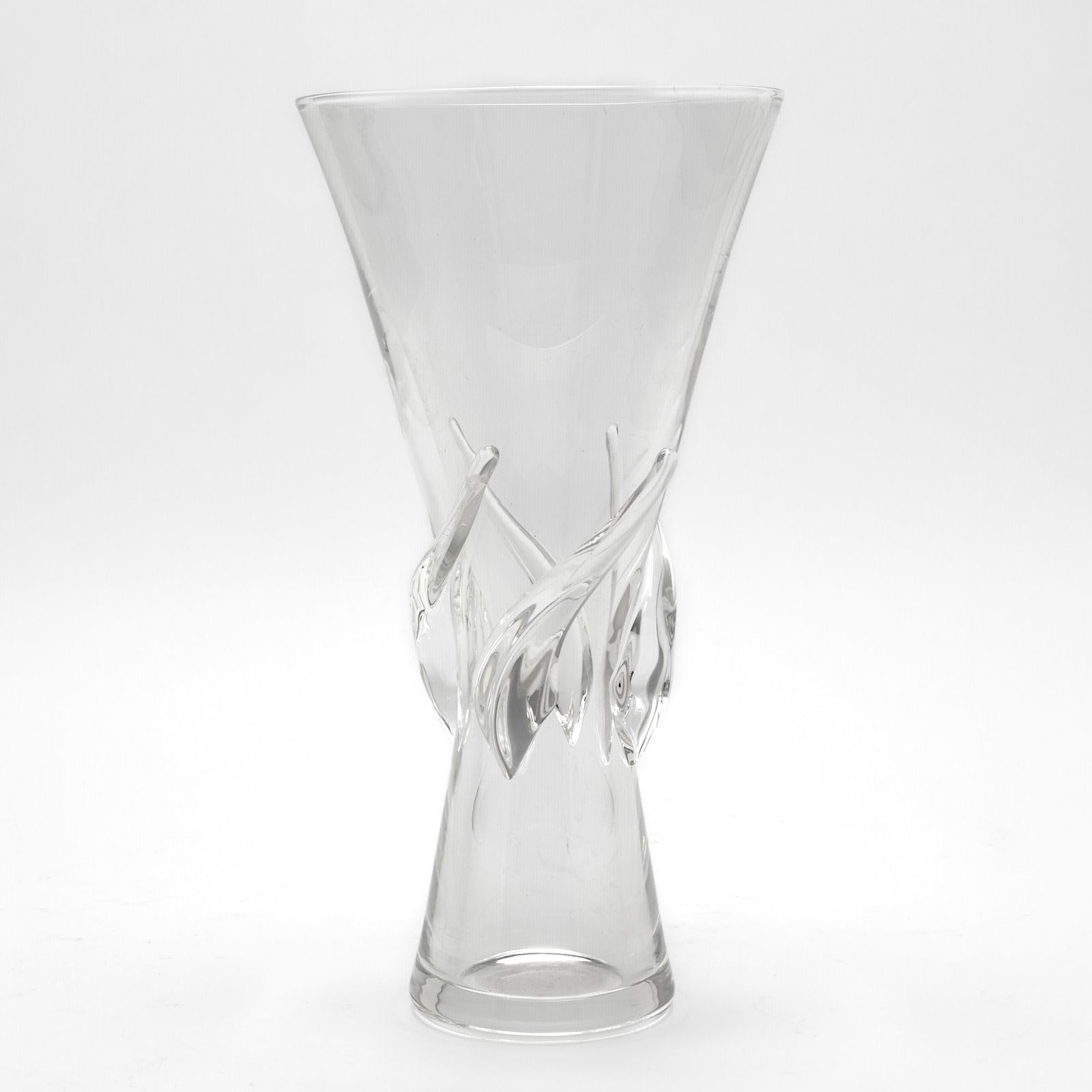 Steuben Blown and Applied Glass Vase: Shape 8090, designed by George Thompson in 1959 Of flower form, with a flared mouth and waisted body, applied with four spiral ribs at mid-height, in colorless glass, engraved Steuben. Height 11 3/4 i