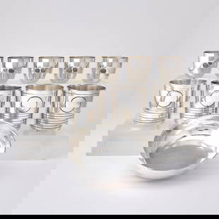 Group of Sterling Silver Beakers, Tumblers and a Bowl: Comprising a Cartier small presentation bowl, inscribed Cartier, height 1 3/4 inches, diameter 5 1/2 inches; set of four William Spratling beakers, stamped WILLIAM SPRATLING TAXCO MEXICO, height 3 3/8