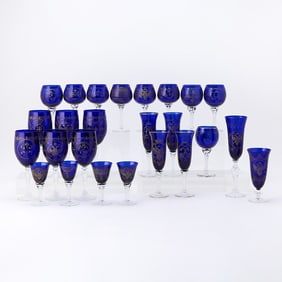 Group of Russian Style Cobalt Blue and Colorless Glass Drinking Glasses