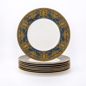 Set of Eight Royal Worcester Gilt Decorated Porcelain Dinner Plates
