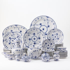 Assembled Royal Copenhagen Porcelain 'Blue Fluted Half Lace Border' Pattern Partial Dinner Service
