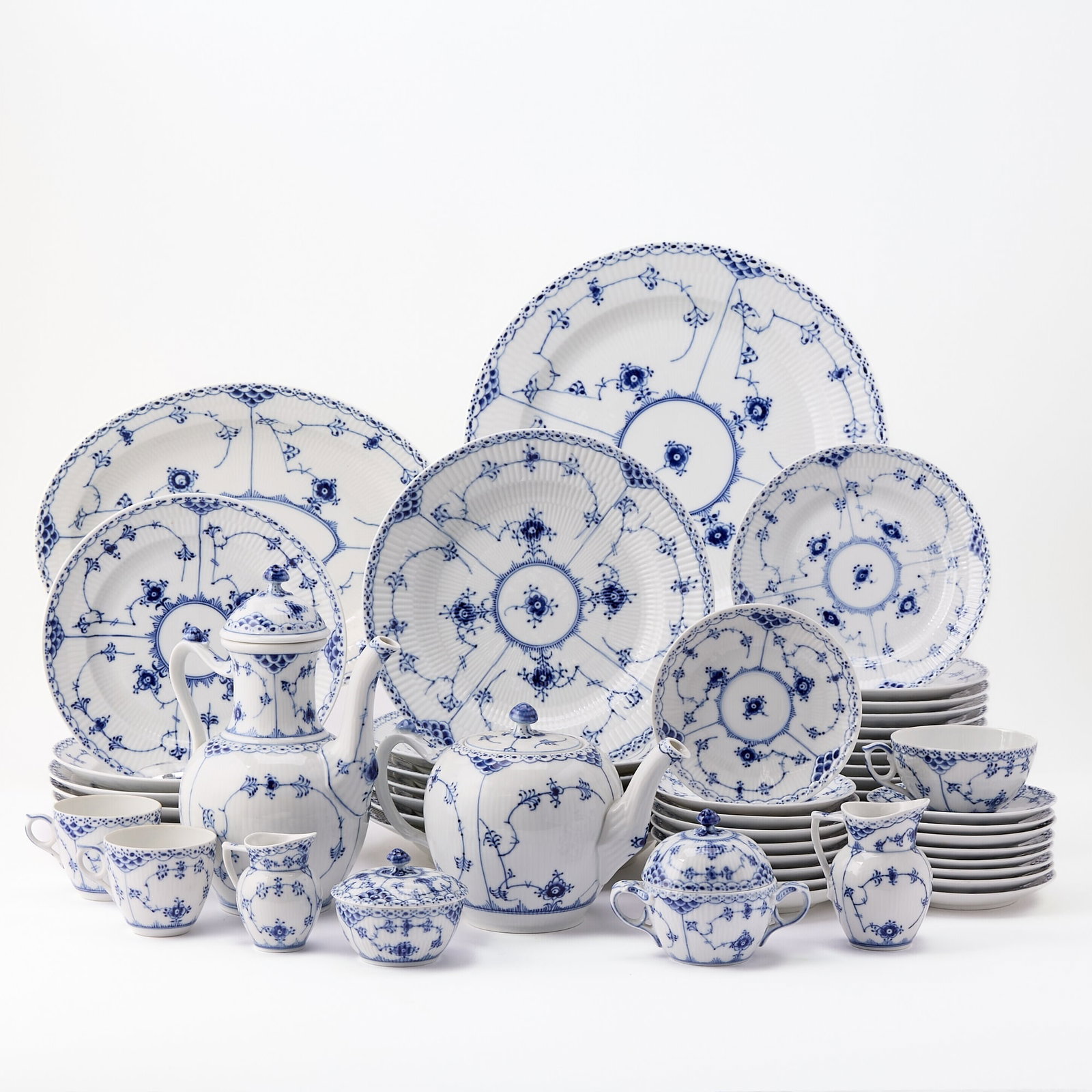 Assembled Royal Copenhagen Porcelain 'Blue Fluted Half Lace Border' Pattern Partial Dinner Service (1 of 12)