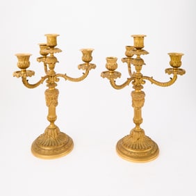 Pair of Louis XVI Style Gilt-Metal Four-Light Candelabra
