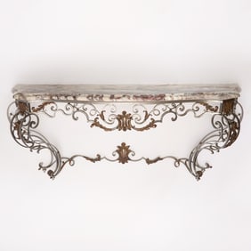 French Serpentine Marble Top Parcel Gilt Iron Console
