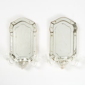 Pair of Venetian Mirrored and Blown Glass Two-Light Candlelight Wall Sconces