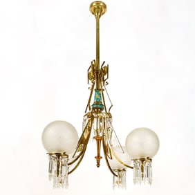 Aesthetic Movement Longwy Pottery and Brass Four-Light Chandelier