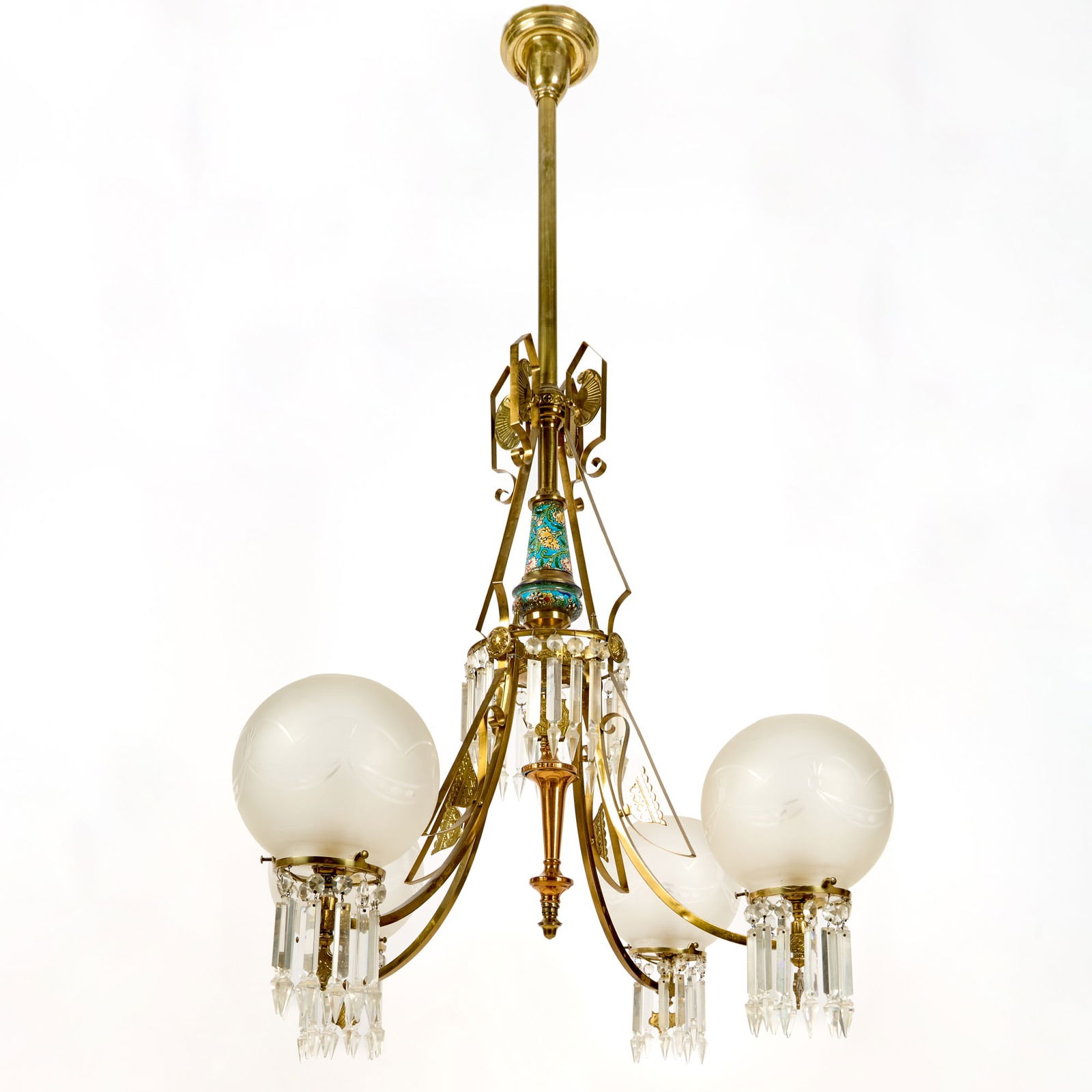 Aesthetic Movement Longwy Pottery and Brass Four-Light Chandelier (1 of 3)
