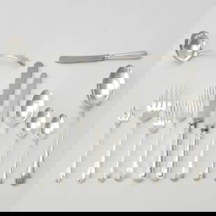 Assembled Birks Sterling Silver Partial Flatware Service: 20th Century Comprising: Six cocktail forks Eight dinner forks, length 7 5/8 inches Nine lunch fork, length 6 7/8 inches  Eight salad forks Eight dessert spoons Nine coffee spoons, le