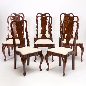 Set of Six Dutch Rococo Style Inlaid Mahogany Dining Side Chairs
