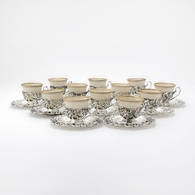 Set of Twelve American Sterling Silver and Lenox Porcelain Demitasse Cups and Saucers
