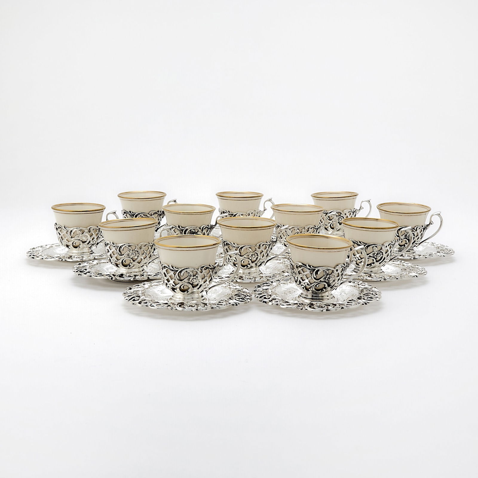 Set of Twelve American Sterling Silver and Lenox Porcelain Demitasse Cups and Saucers (1 of 6)