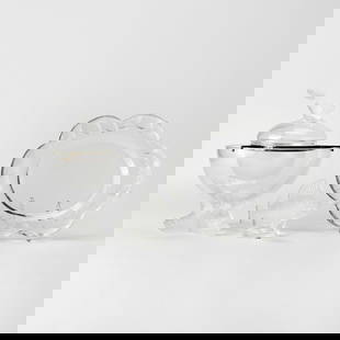 Group of Lalique Molded Frosted Glass Table Articles: Late 20th/early 21st century Comprising an Igor pattern caviar bowl, height 10 inches; Piriac tray, length 11 inches; and a figure of a fish, length 6 1/4 inches.