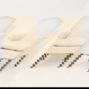 Set of Six Cream Upholstered Mahogany Armchairs: Height 37 inches, width 27 inches, depth of seat 18 inches, height of seat 20 inches.
