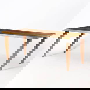 Chris Lehrecke Walnut and Bronze Dining Table: Late 20th century The natural plank top raised on tapering square legs. Height 29 inches, length 6 feet 6 inches, depth 38 inches. Provenance: Ralph Pucci, New York, 2000.