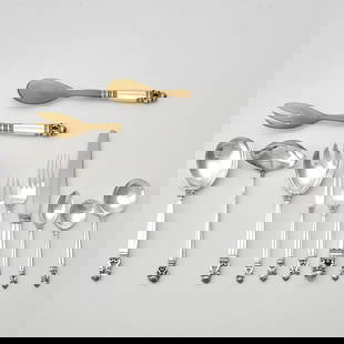 Georg Jensen Sterling Silver 'Acorn' Pattern Partial Flatware Service: Pattern introduced in 1915, designed by Georg Jensen and Johan Rohde, circa 1933-44 Comprising: Twelve dinner forks, length 7 7/8 inches Twelve salad forks, length 6 5/8 inches Twelve fish forks,