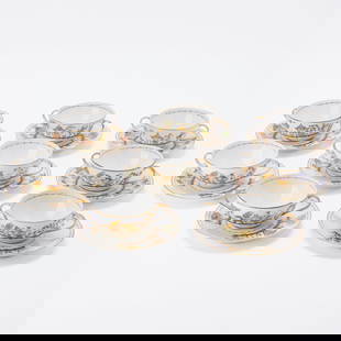 Eight Le Tallec for Tiffany & Co. Porcelain 'Cirque Chinois' Pattern Cream Soup Sets: Pattern introduced in 2001 as part of Tiffany &amp; Co.'s Private Stock collection; the pattern was originally created by the French porcelain atelier Camille Le Tallec, which Tiffany &amp; Co. acquir