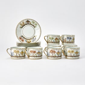 Set of Eight Le Tallec for Tiffany & Co. Porcelain 'Cirque Chinois' Pattern Flat Cups and Saucers