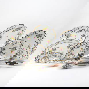 Assembled French Porcelain Sevres Style 'Feuille de Choux' Pattern Partial Dinner Service: Probably Limoges Each gilt and hand-painted with colorful floral bouquets, comprising: Twenty-three dinner plates, diameter 9 7/8 inches Twenty-four salad plates, diameter 9 3/4 inches Twelve bread pl