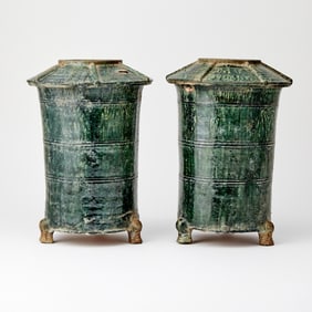 Pair of Chinese Green Glazed Pottery Granary Vessels Han Dynasty
