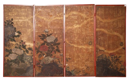 Asian Painted Four-Panel Screen