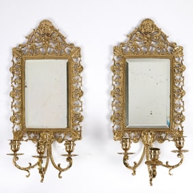 Pair of Brass Mirrored Three-Light Sconces