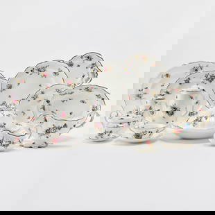 Extensive Spode Porcelain "Dresden Rose" Dinner Service: Comprising: Twenty four dinner plates, diameter 11 inches Twenty-four soup bowls Twenty-four bread plates Twenty-two two handled cream soup cups Twenty-four saucers Two small bowls Twenty-four dem
