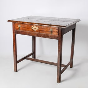 English Oak and Inlaid Walnut One Drawer Table